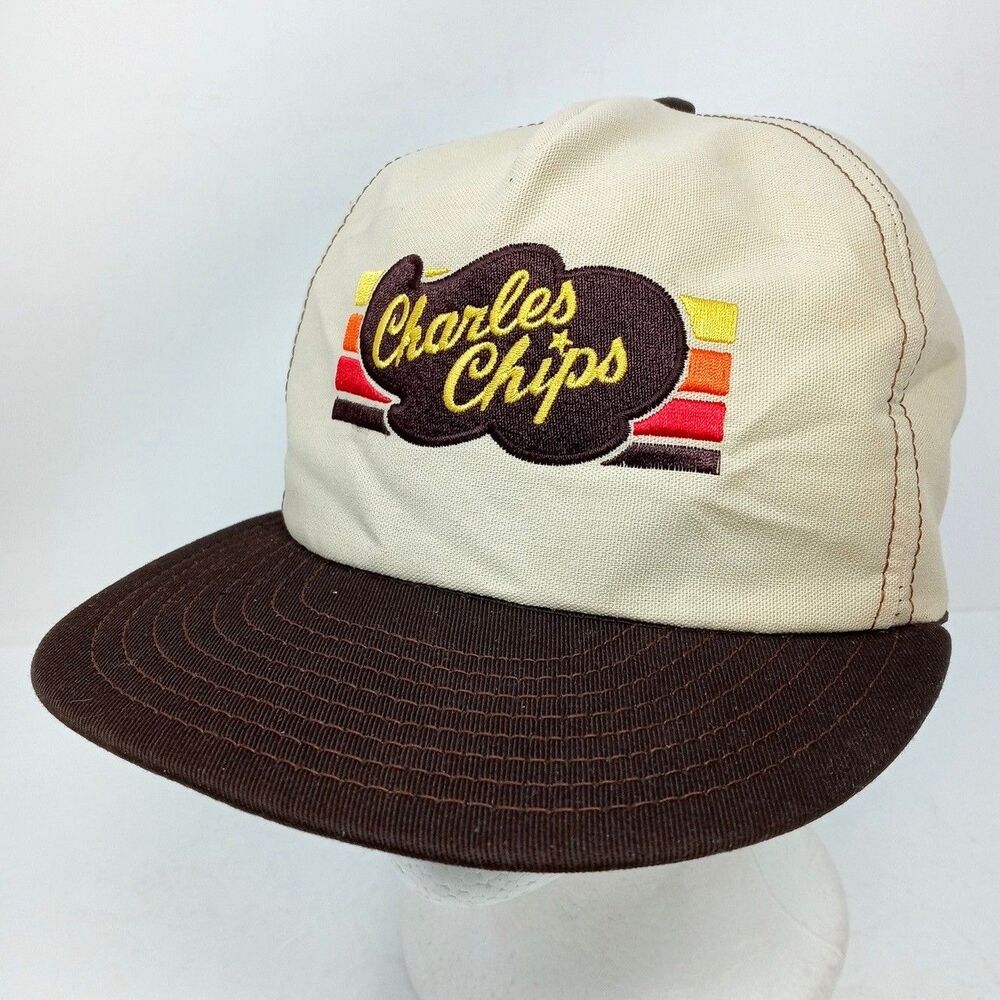 Vintage Charles Chips Made in USA Snapback Hat Potato Chip Pretzel Promo Cap Tin